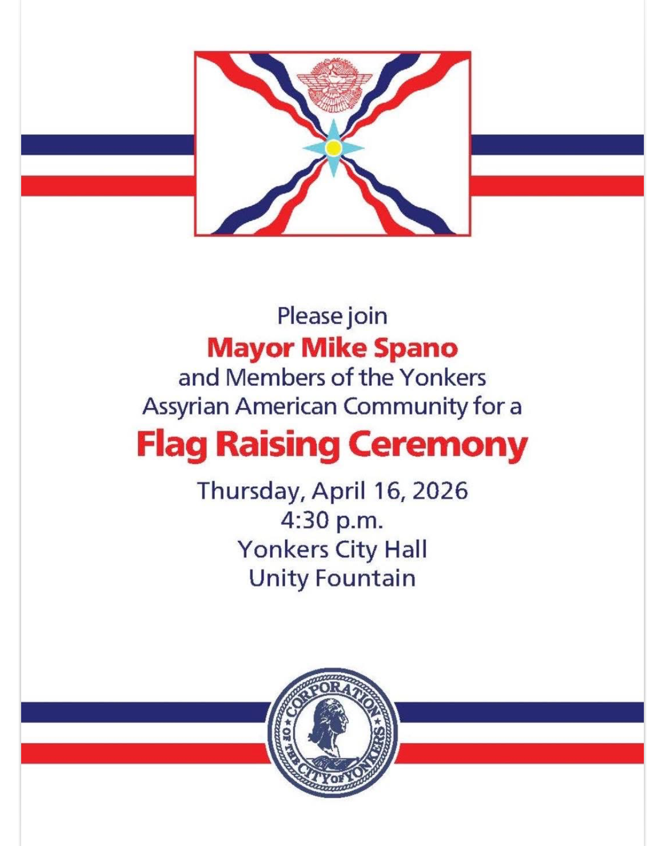 Mayor Spano to Host Assyrian Flag Raising Ceremony at Yonkers City Hall