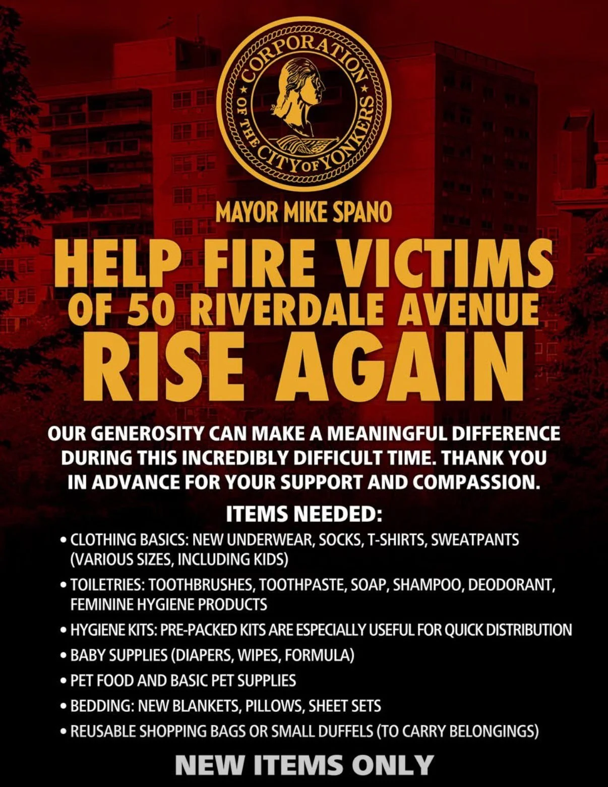 Yonkers Officials Coordinate Relief Effort After Fire at 50 Riverdale Ave