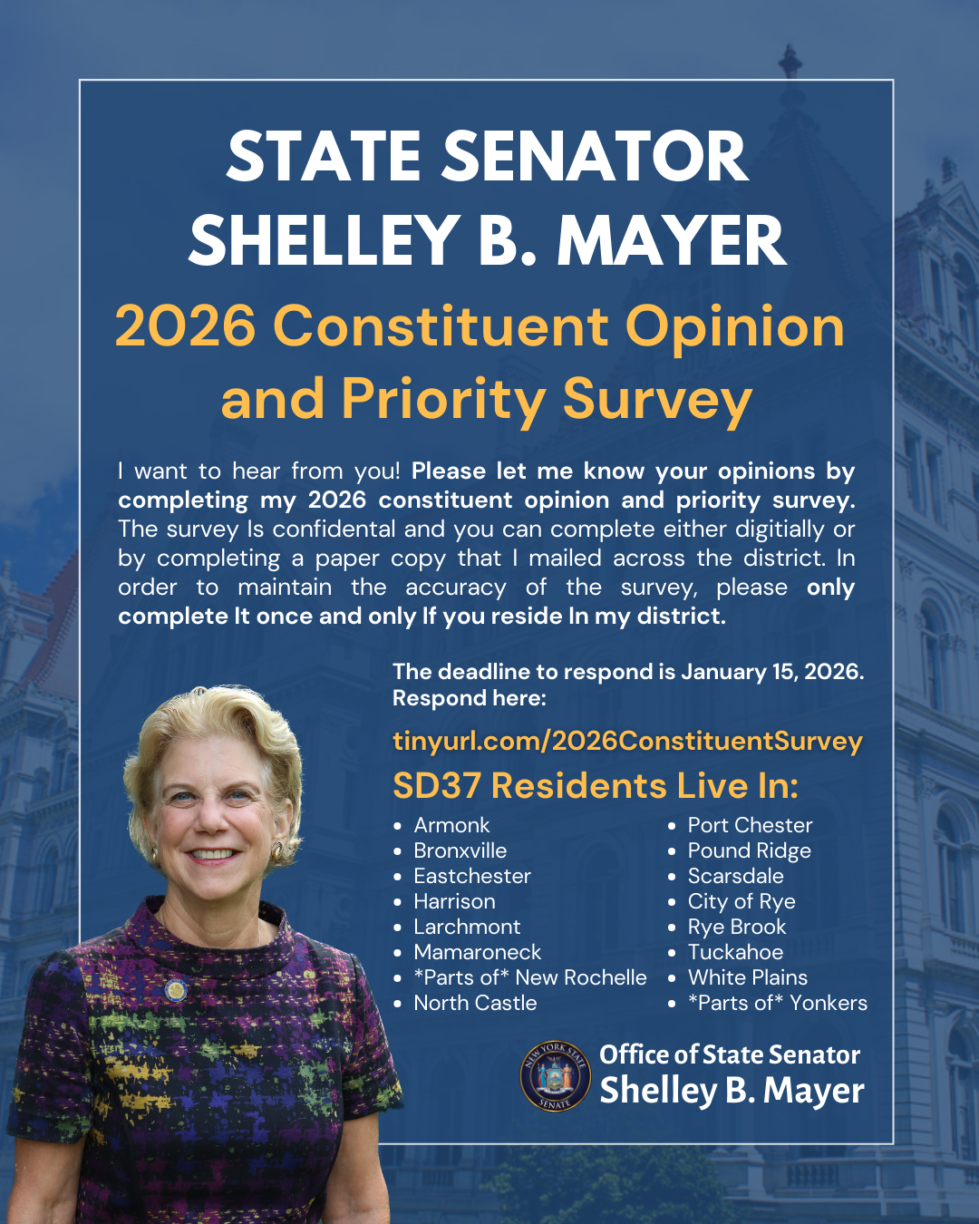 Shelley Mayer Launches 2026 Constituent Survey Ahead of Albany Session