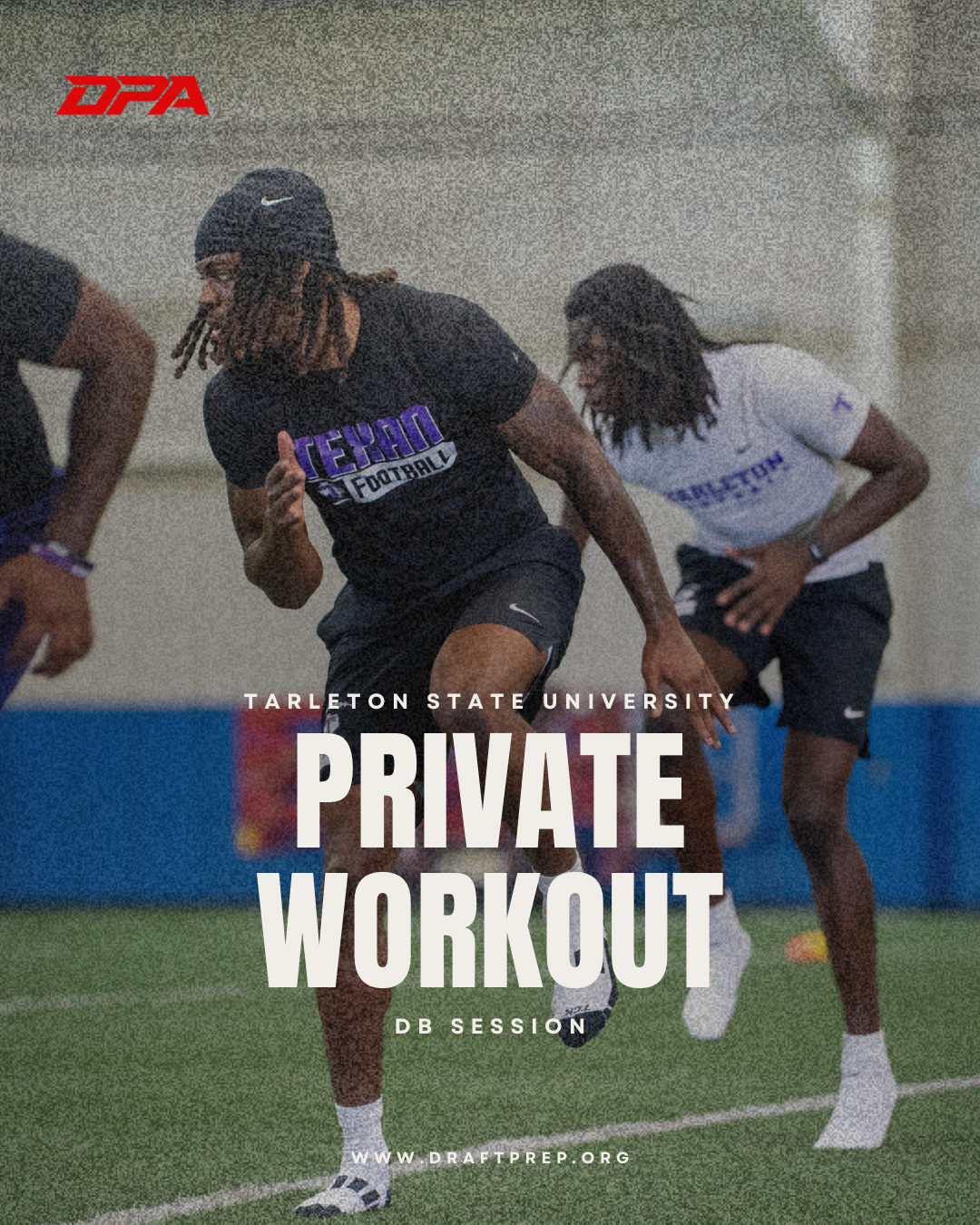 Group of football players during a private workout session at Tarleton State University, practicing on an indoor field.