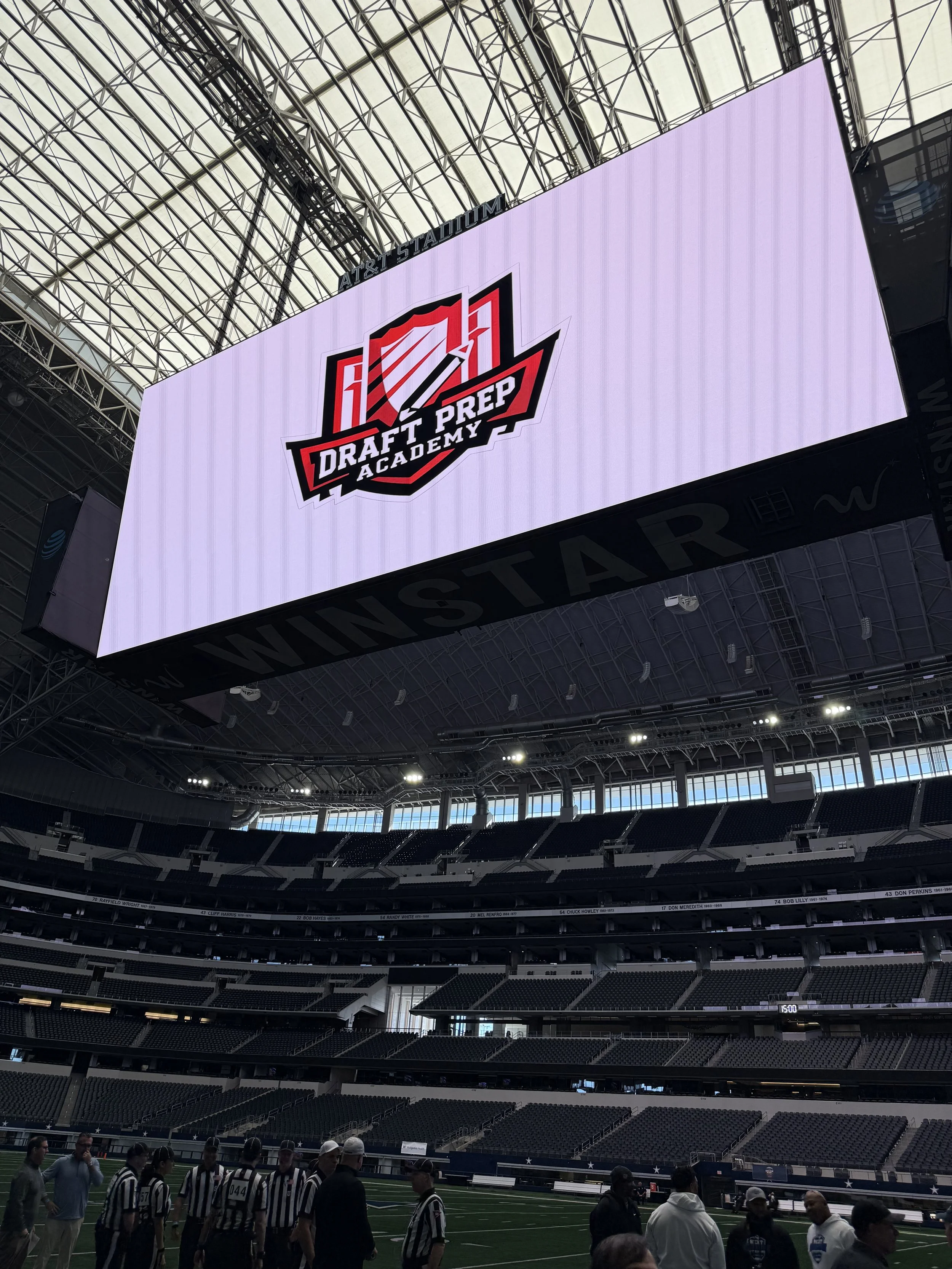 Draft Prep Academy logo on the jumbotron at AT&T Stadium