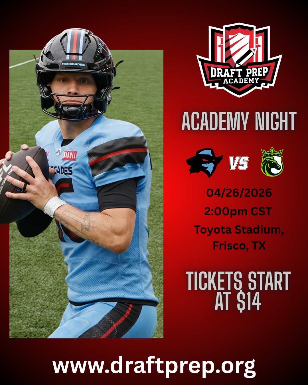 Poster advertising Draft Prep Academy Night football game featuring a football player in uniform, event details, date, time, location, ticket price, and website URL.