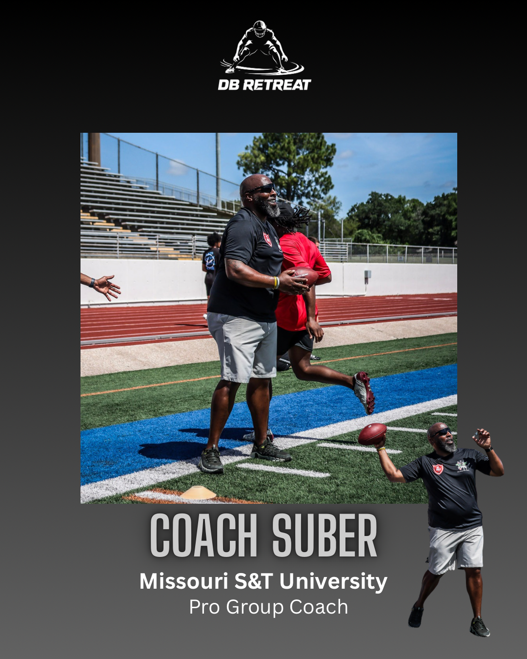 A football coach holding a football while standing on a field, with a player running beside him, during a practice at a stadium.