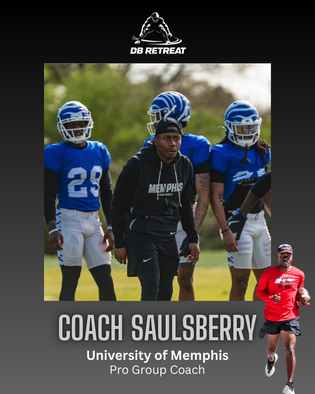 Poster featuring a football team and coach Saulsberry, with the team practicing on a field and coach in a red shirt holding a football.