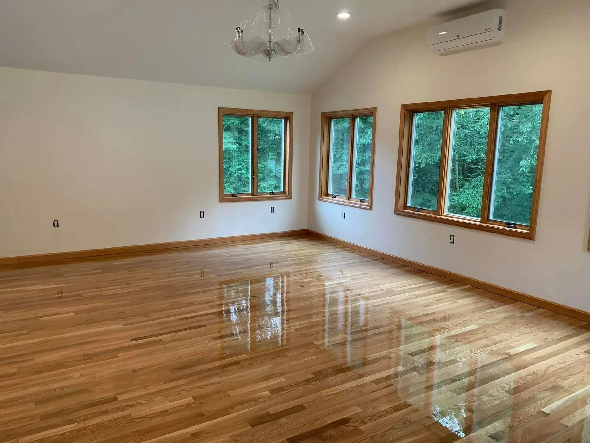 Empty room with hardwood floors, three large windows showing greenery outside, white walls, a ceiling light fixture, and an air conditioning unit.