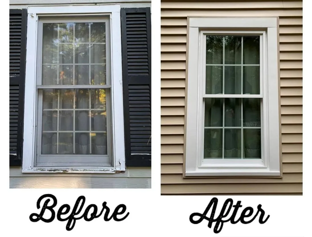 Side-by-side comparison of a window before and after repair. The left side shows an old window with chipped paint and worn paint on the frame, with black shutters. The right side shows the same window after repair with a freshly painted, clean white