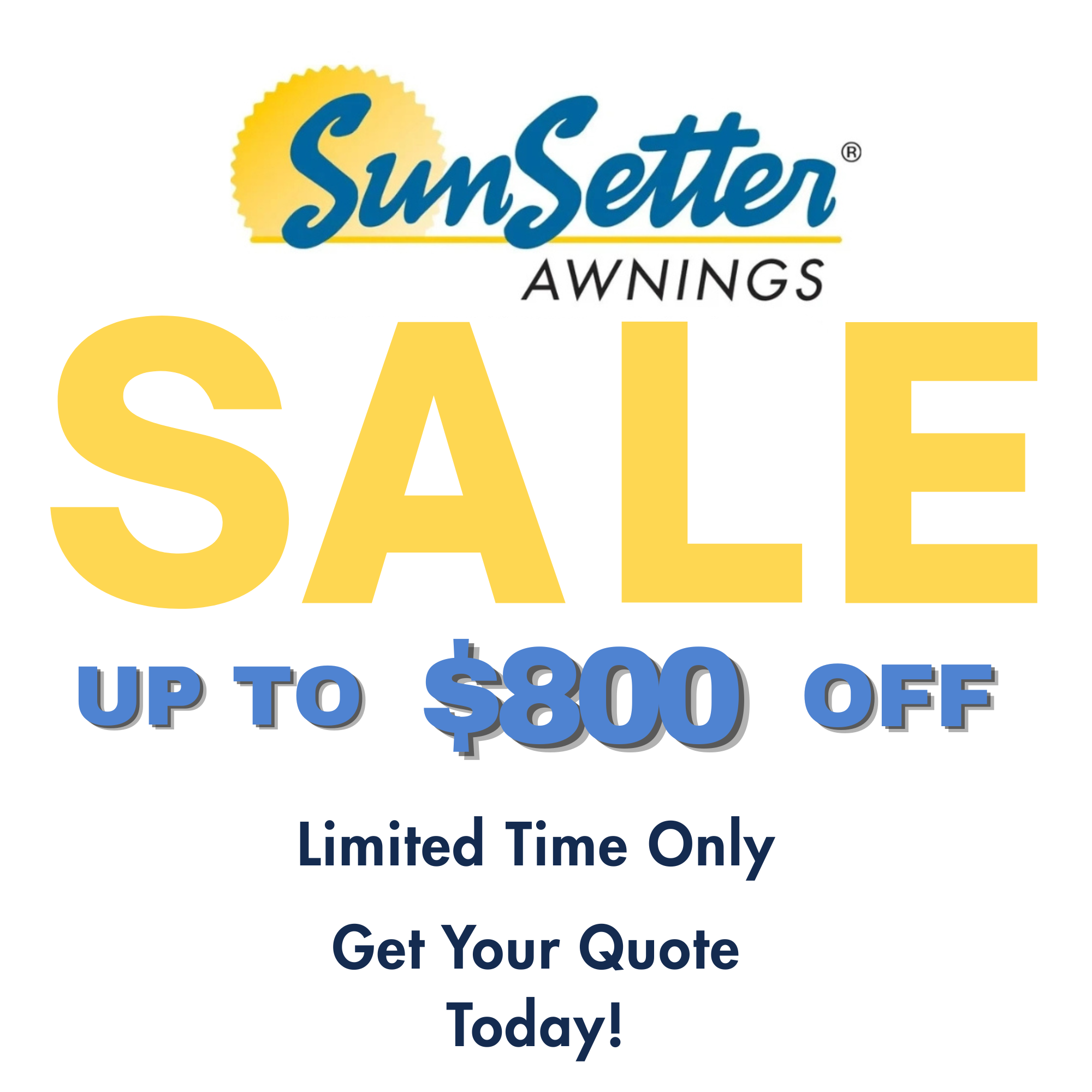 Advertisement for SunSetter Awnings offering up to 80% off during a limited-time sale, with a call to action to get a quote today.