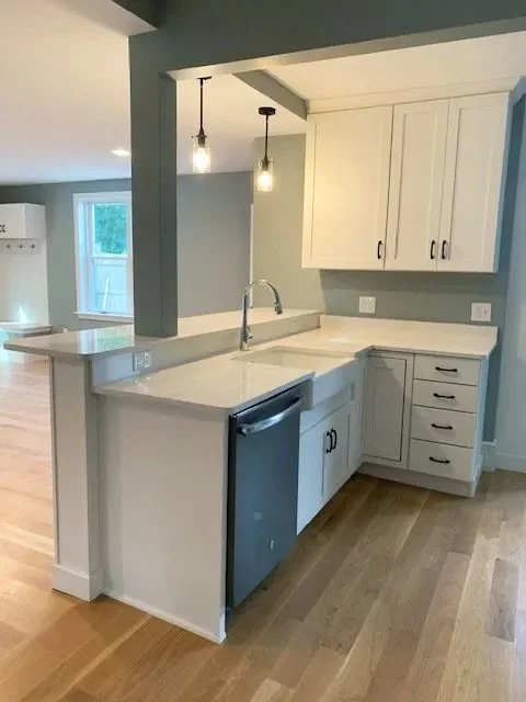 Kitchen with white cabinetry, a double sink, and a dishwasher. Two hanging pendant lights over the counter, with a gray wall and wood flooring.