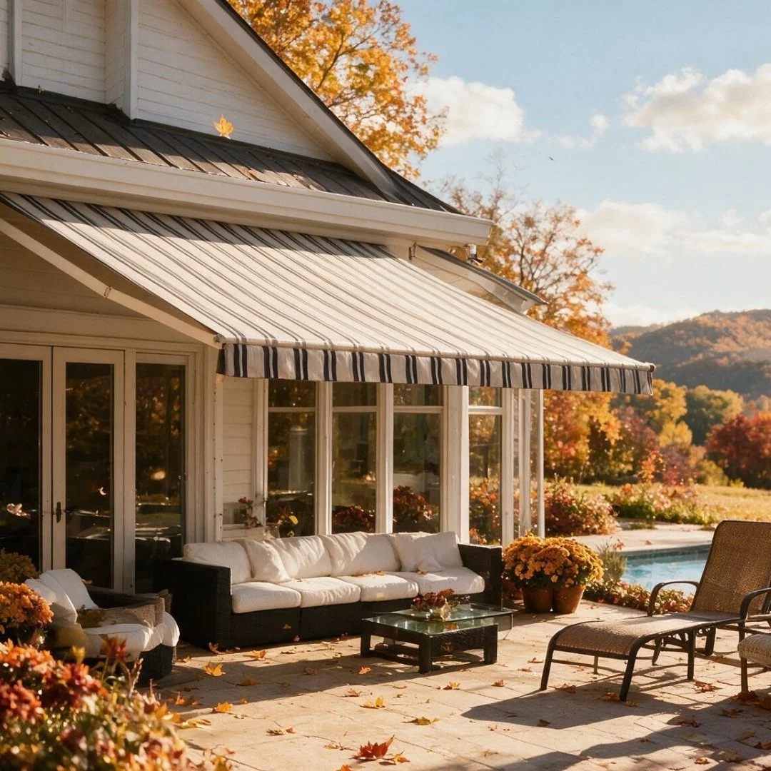 A cozy outdoor patio area with cushioned sofas, chairs, and potted plants, overlooking a scenic landscape with trees and mountains in the background.