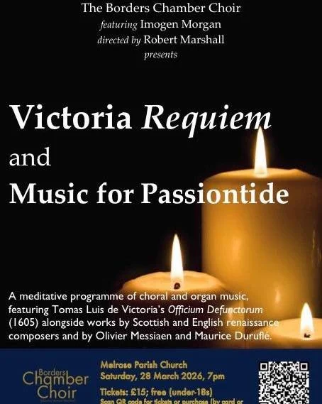 Our next concert is in just a few weeks time! Join us at Melrose Parish Church on Saturday 28th March for a Passiontide programme featuring works by Victoria, Messiaen, Durufle and more.

For tickets, visit the link below, or pay on the door: https:/