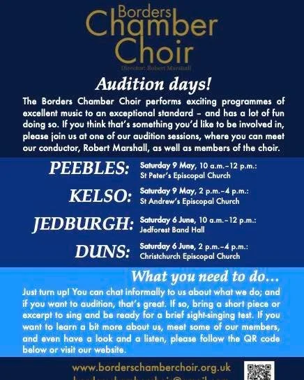 🎶 Ready to take your singing to the next level? Join the Borders Chamber Choir 🎶
We are seeking dedicated and passionate singers to join our friendly and ambitious ensemble.

If you have a strong vocal technique, confident sight-reading skills, and