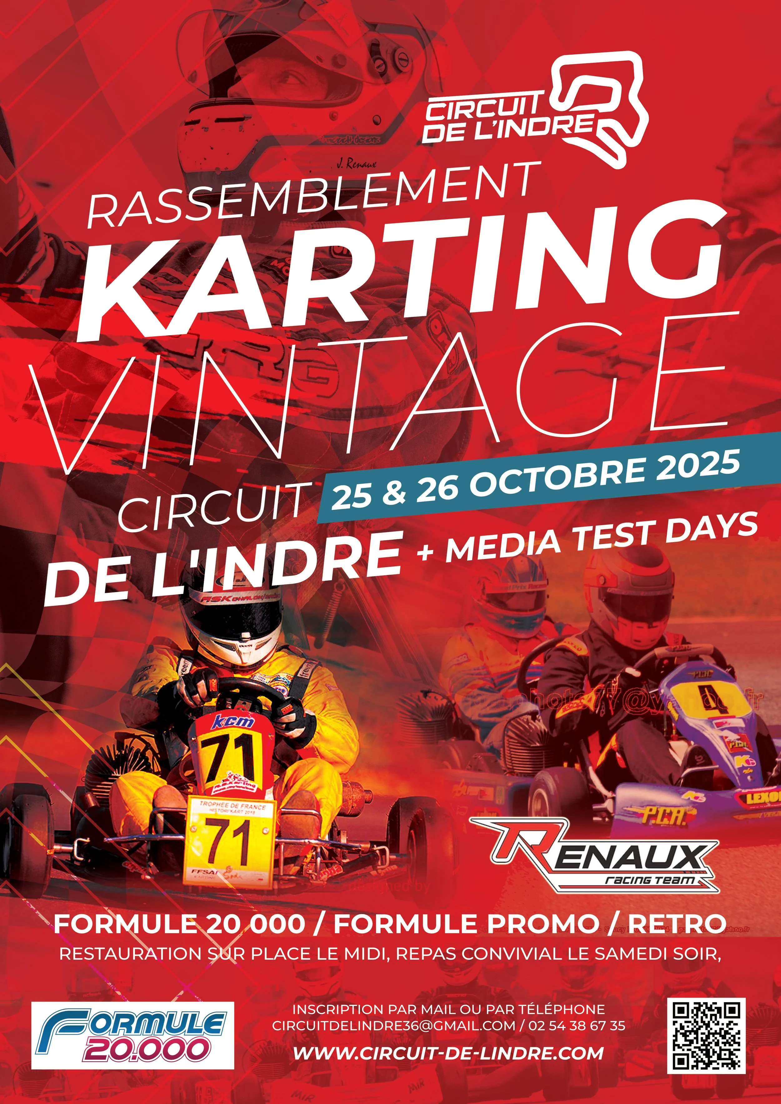 Affiche promotionnelle pour un rassemblement de karting vintage organisé le 25 et 26 octobre 2025 au Circuit de l'Indre, avec photos de voitures de karting et coureurs en combinaison de course.