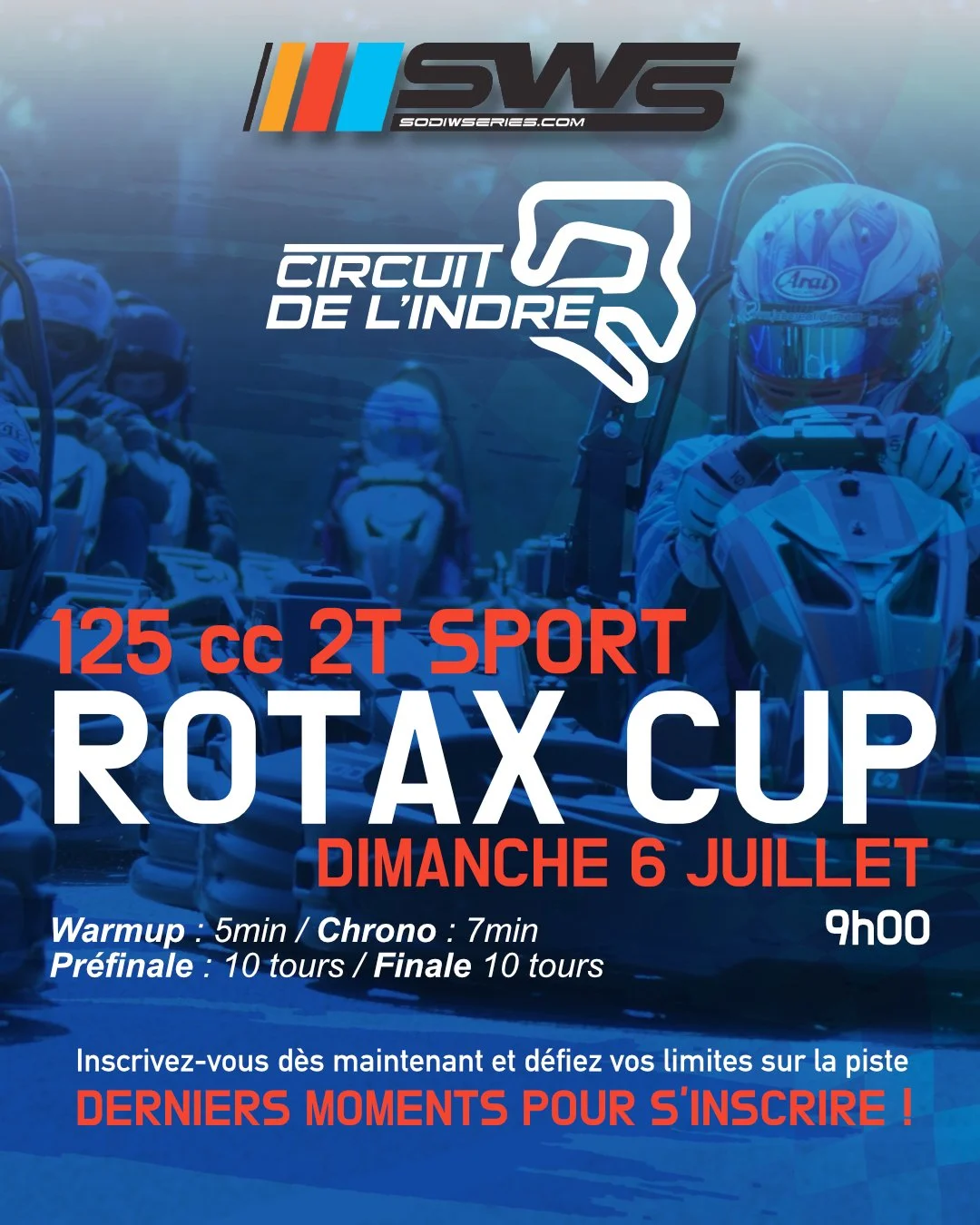 Affiche promotionnelle pour la course de karting ROTAX CUP au circuit de l'Indre, avec date, horaire, et détails d'inscription.