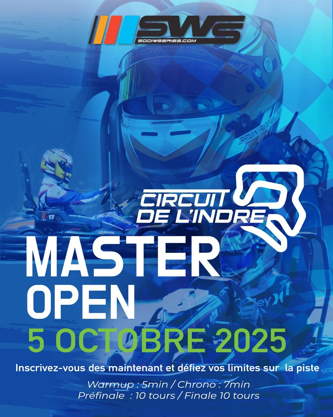 Affiche promotionnelle pour la course de karting au Circuit de l'Indre, Master Open, le 5 octobre 2025, avec des images de pilotes en course avec casques, et le logo du circuit.