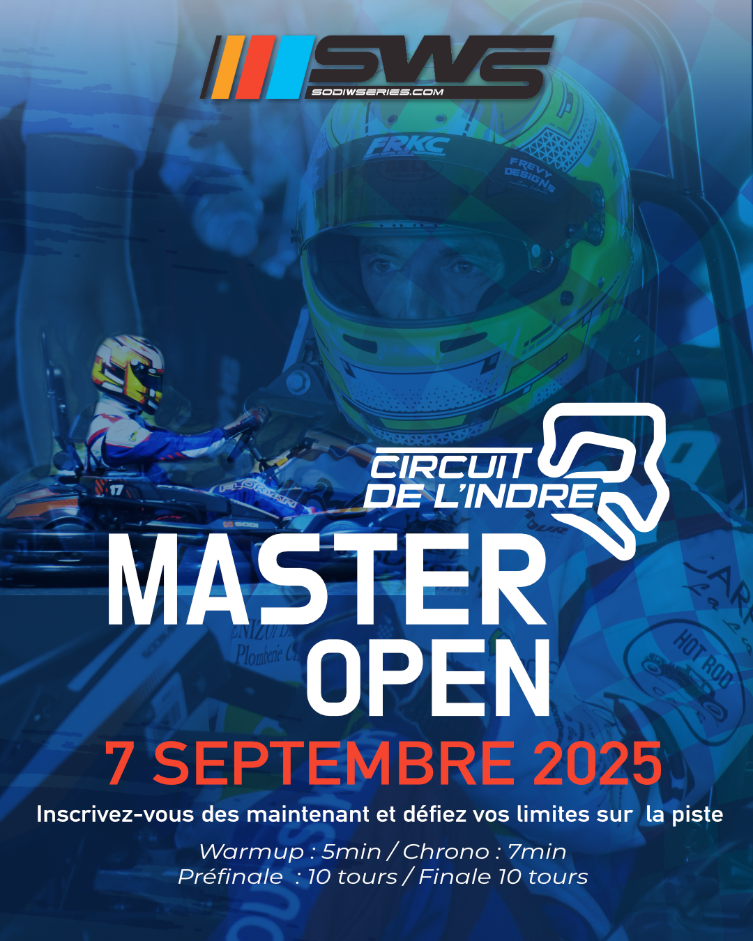 Affiche promotionnelle du circuit de l’Indre pour le Master Open de driving, prévu le 7 septembre 2025, avec un pilote en combinaison et casque, et un bouton de départ de course.