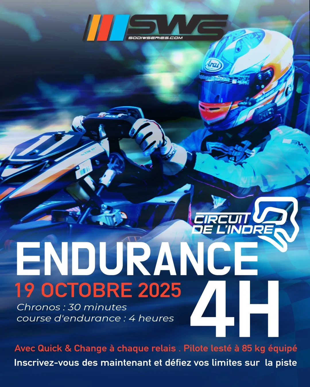 Affiche promotionnelle pour une course d'endurance de moto au Circuit de l'Indre le 19 octobre 2025, avec course de 4 heures, inscriptions ouvertes, et détails sur le pilote et le véhicule.