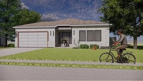 A person riding a bicycle on a residential street in front of a modern single-story house with a lawn, trees, and a dog near the front door.