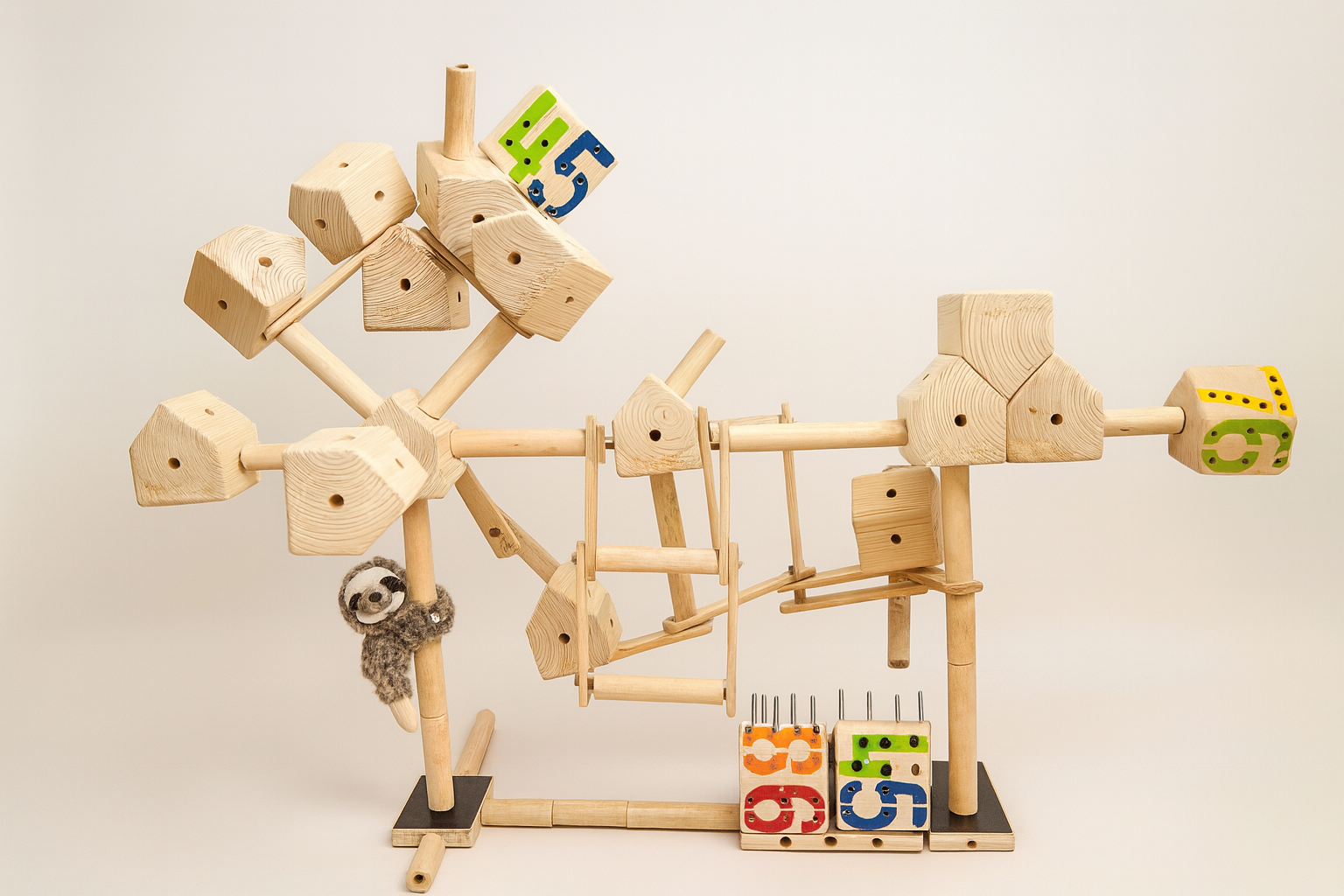 Spielzeug aus Holz mit bunten Zahlen und einem kleinen Plüschtier, das an einem Ast hängt.