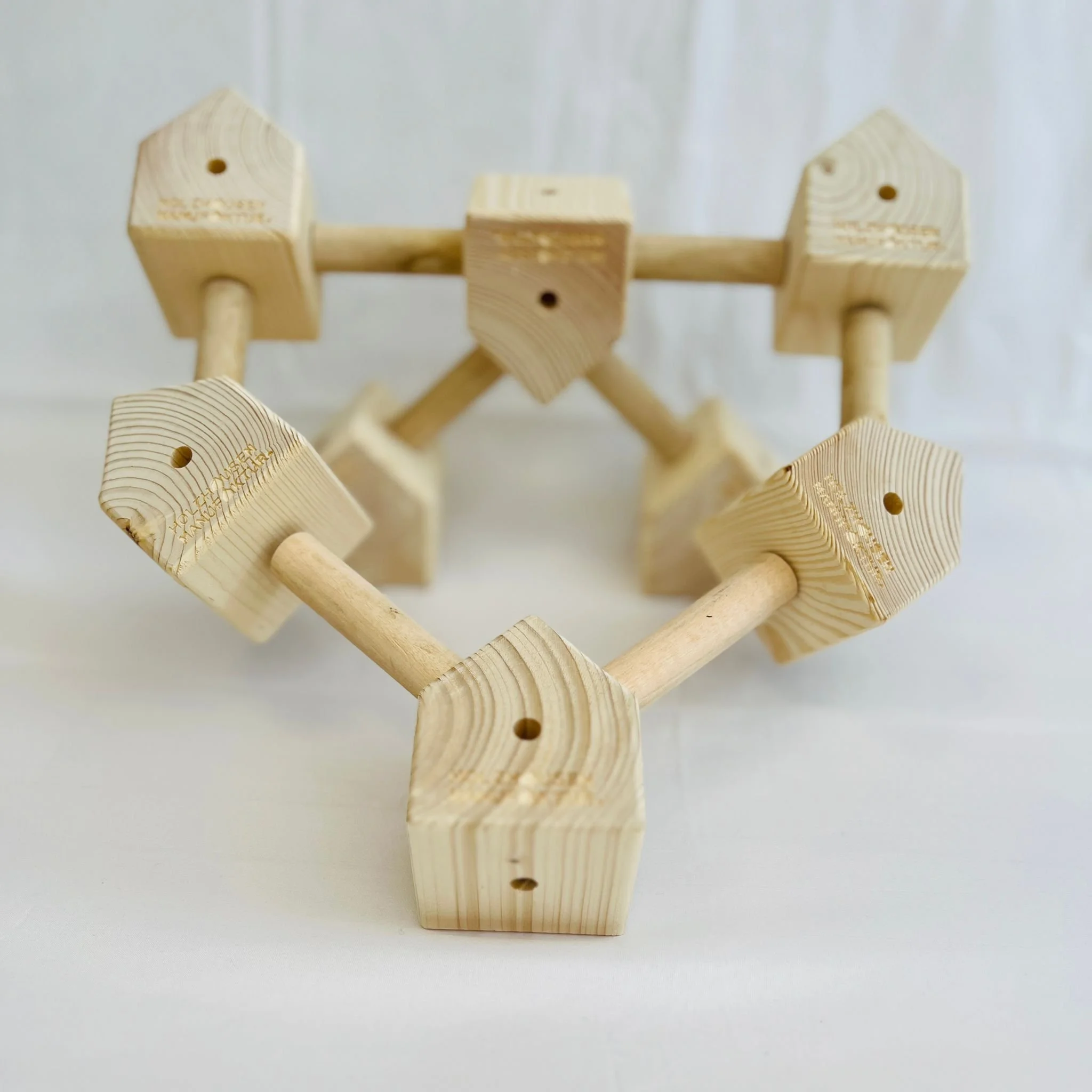 Holzbausteine verbunden zu einem dreidimensionalen geometrischen Körper auf weißem Hintergrund.