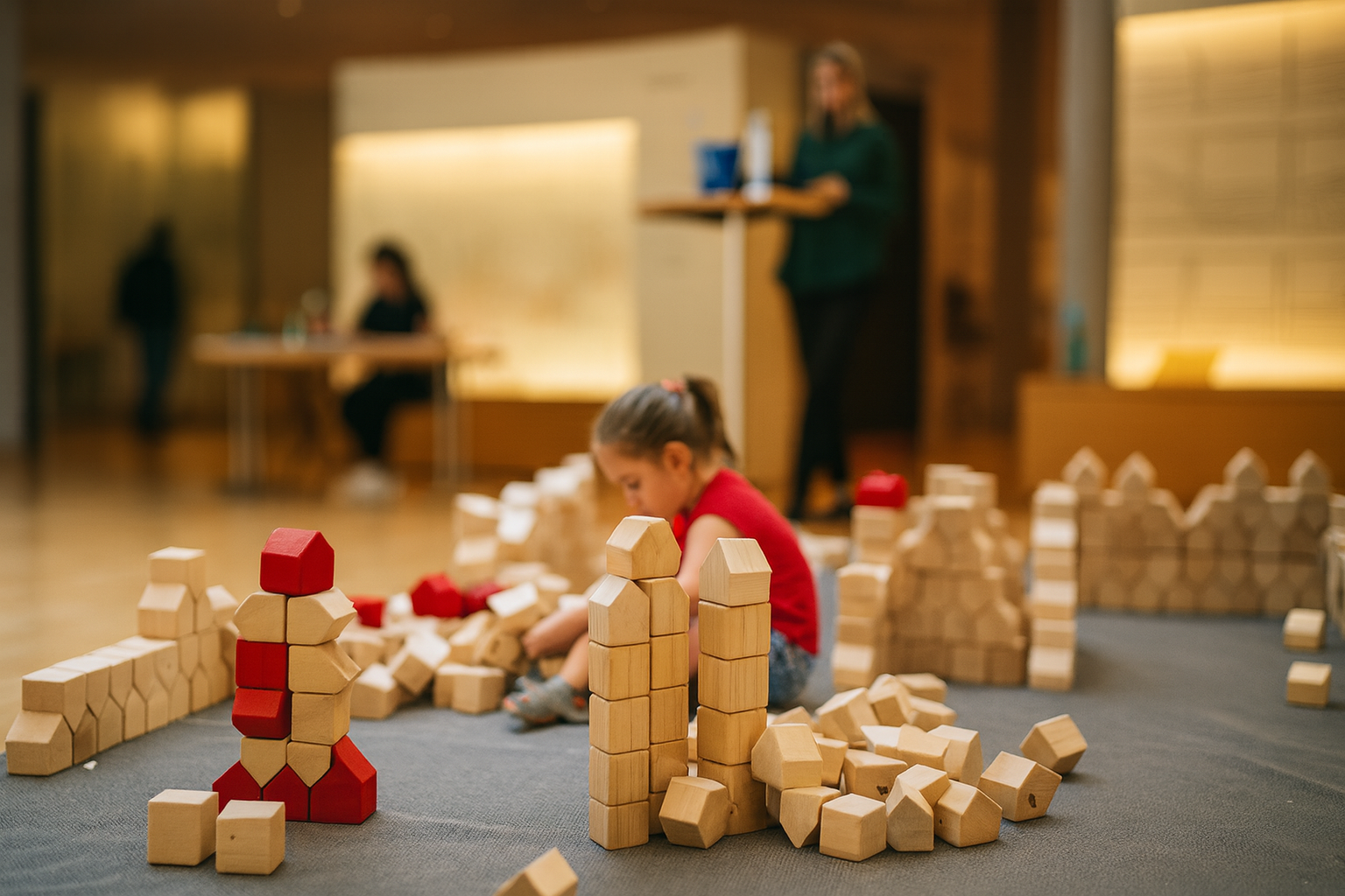 Ein Mädchen spielt mit Holzzügen und Bauklötzen auf einem Teppichboden in einem Raum, im Hintergrund sind zwei Erwachsene und ein Kind. Ein Bauklotzturm ist im Vordergrund sichtbar.