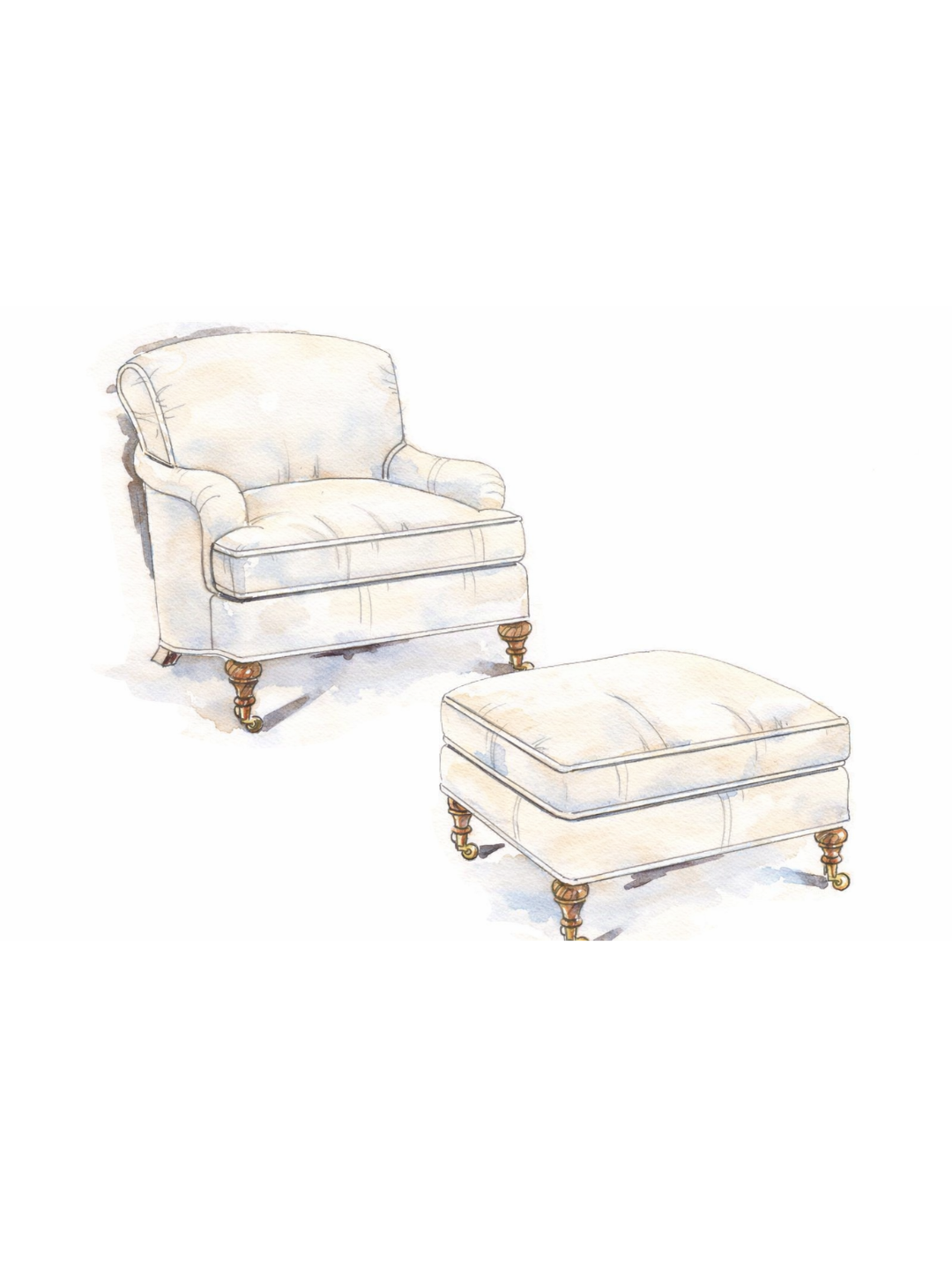 The Frances Chair & Ottoman On Turned Legs With Casters