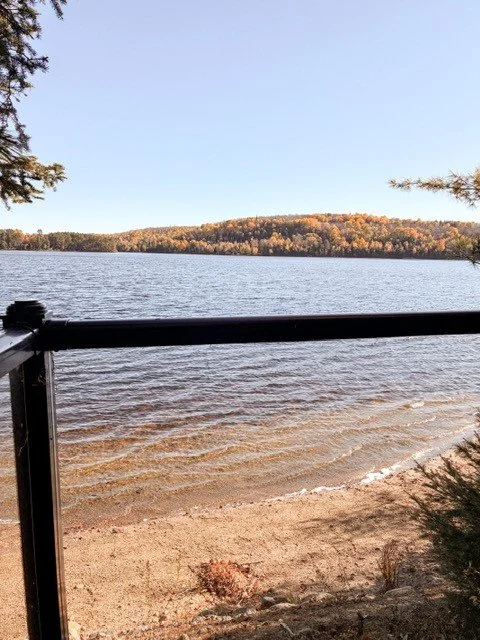 View of a lake with calm water, sandy shore, and a forested hill in the background during fall.