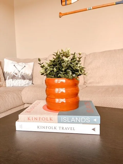 A stack of three books on a dark wooden table, topped with a small potted plant in an orange ceramic pot. The background features a beige sofa with a decorative pillow and two wooden paddles mounted on the wall.