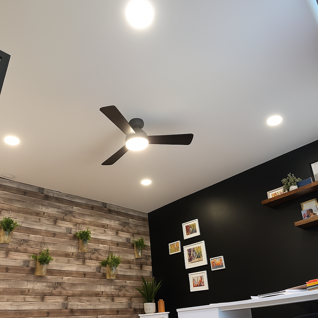 4 recessed lights installed with a ceiling fan in the middle in lowell ma