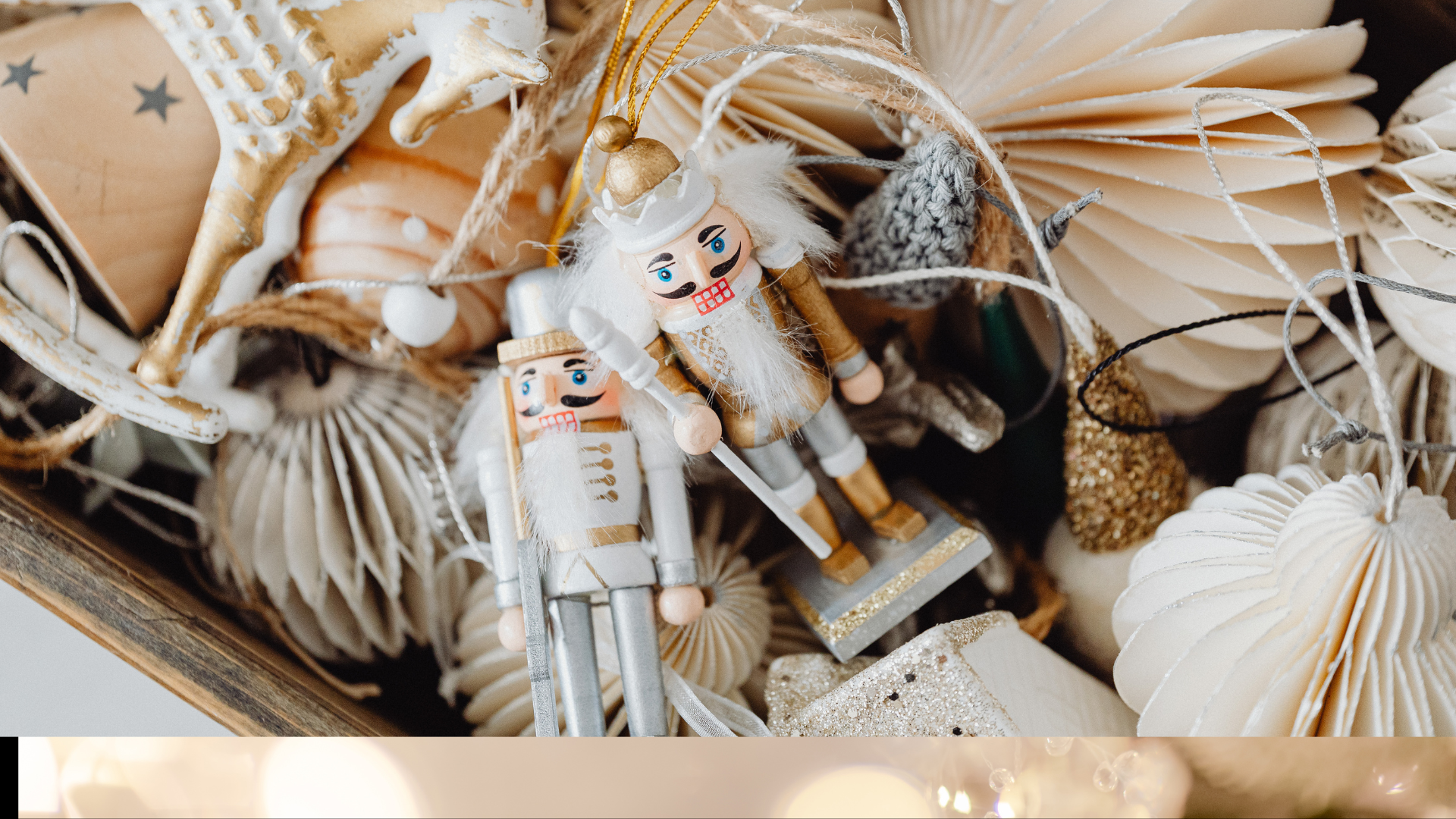 A box of holiday decorations, with ornaments and nutcrackers
