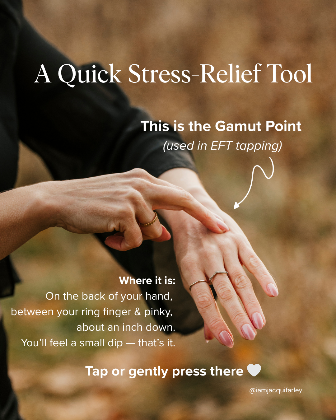 A hand EFT tapping (somatic tool) the Gamut Point for stress relief