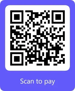 QR code on a blue background with the text 'Scan to pay'.
