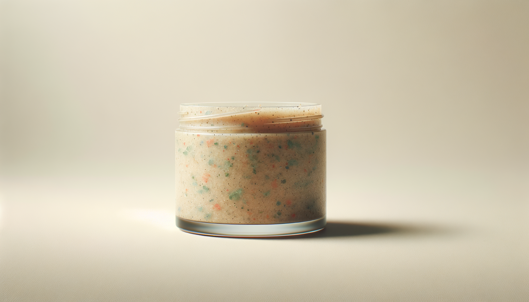 A clear jar with a white, speckled substance inside, sitting on a beige surface against a light background.