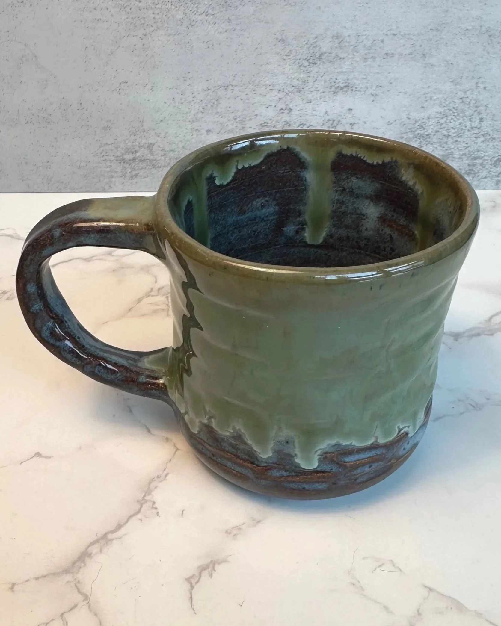 Handmade ceramic mug in rustic green glaze, 11 ounce stoneware mug