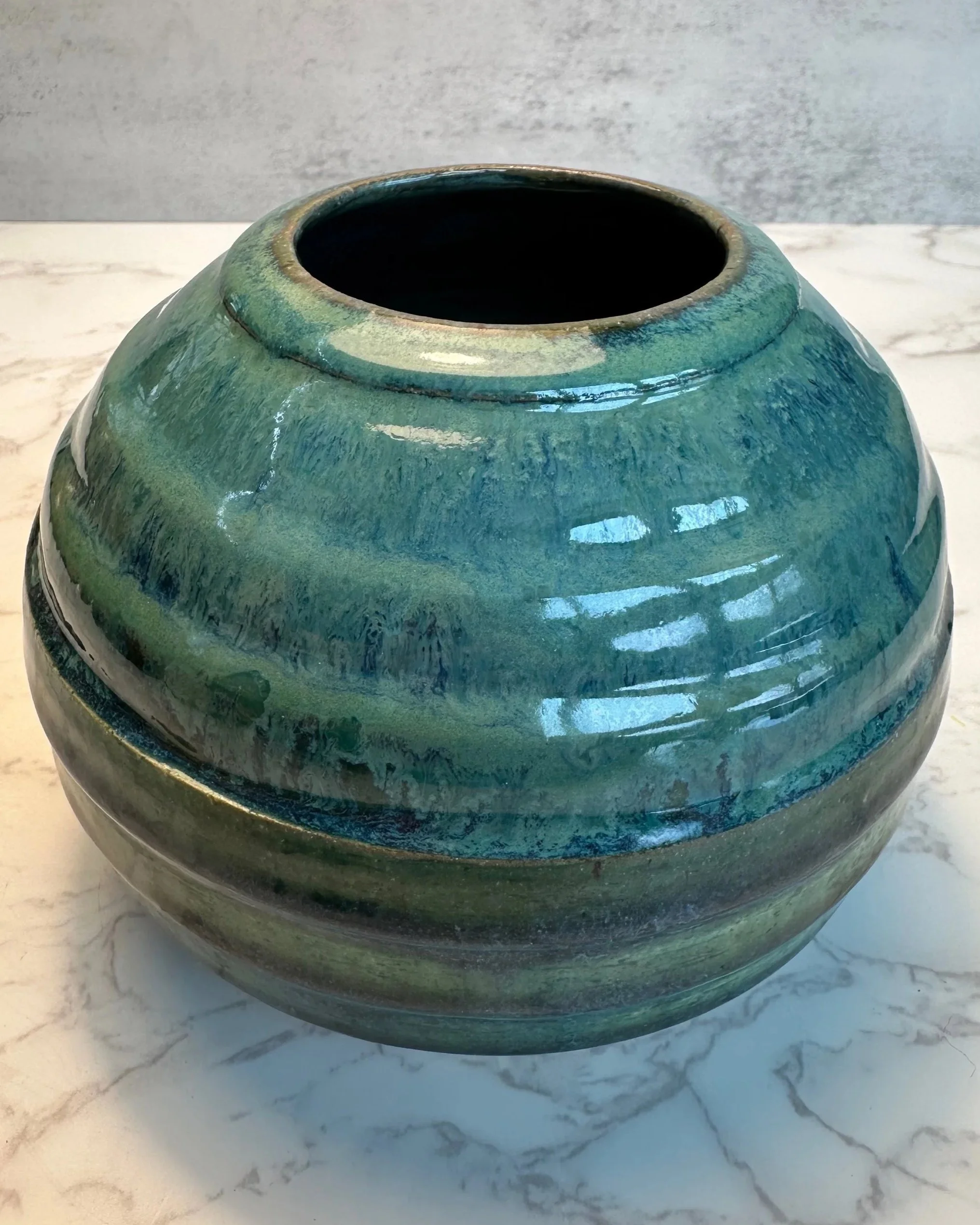 Handmade Ocean Blue Striated Ceramic Vase