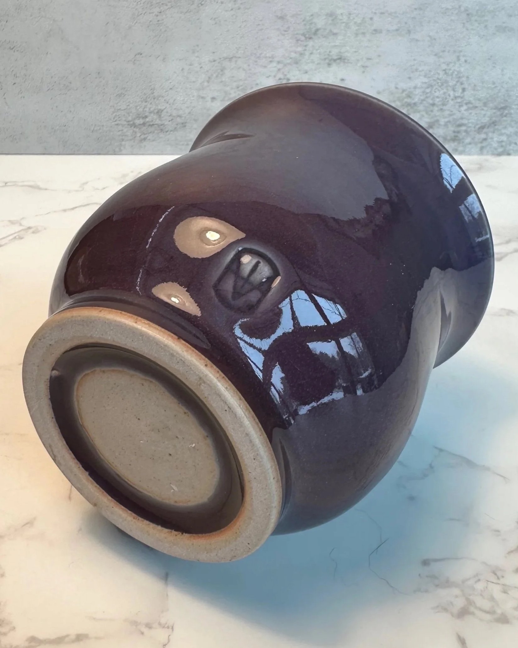 Bottom view of handmade stoneware planter with Xerographica air plant in deep plum glaze