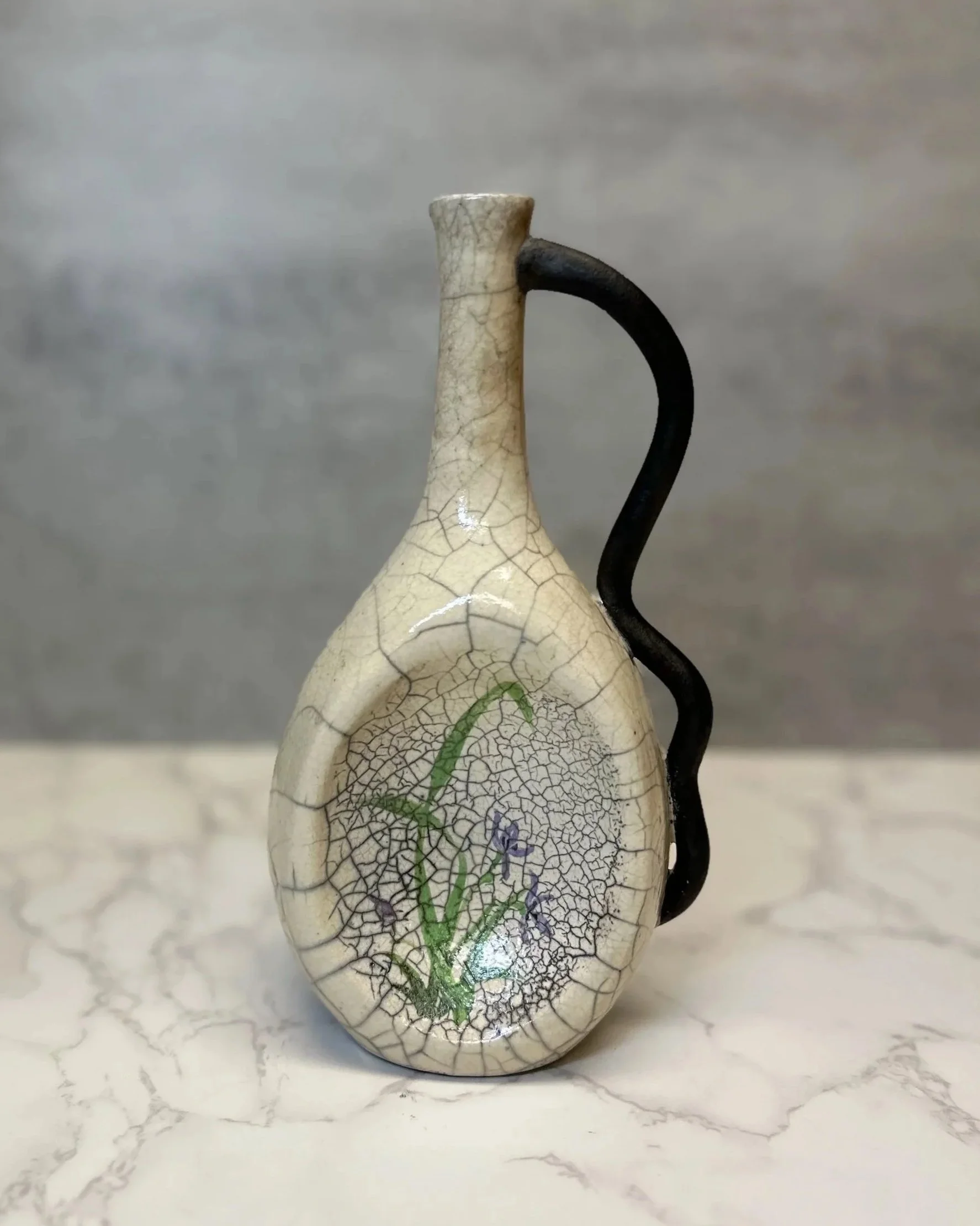 Gourd shape vase with vine handle Chinese Gouhou Iris painting and white crackle Raku fired