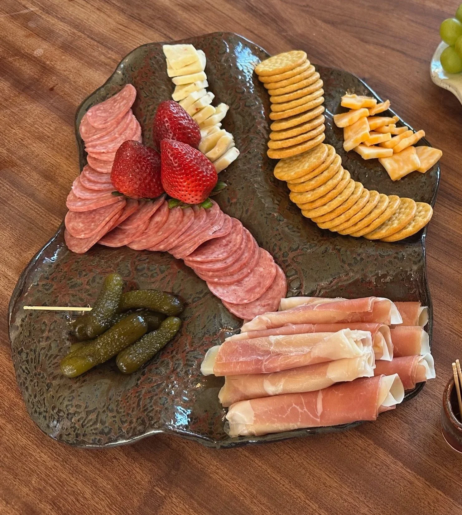 Draped Charcuterie Board: Deep Moss Green & Red Clay over Lace Texture (One of a Kind)