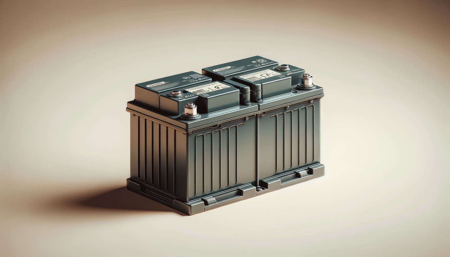 A large lead-acid car battery with four visible terminals, placed on a plain light-colored background.