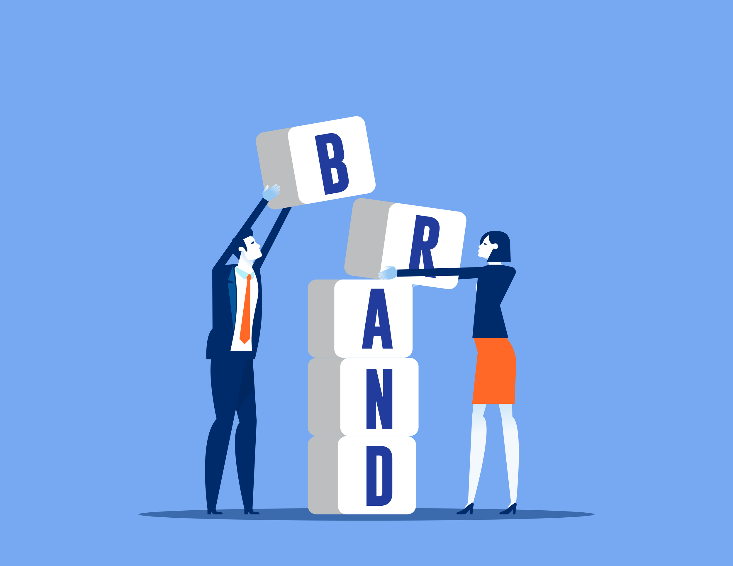 Two businesspeople, a man and a woman, work together to stack cubes that spell out the word "BRAND" on a blue background.