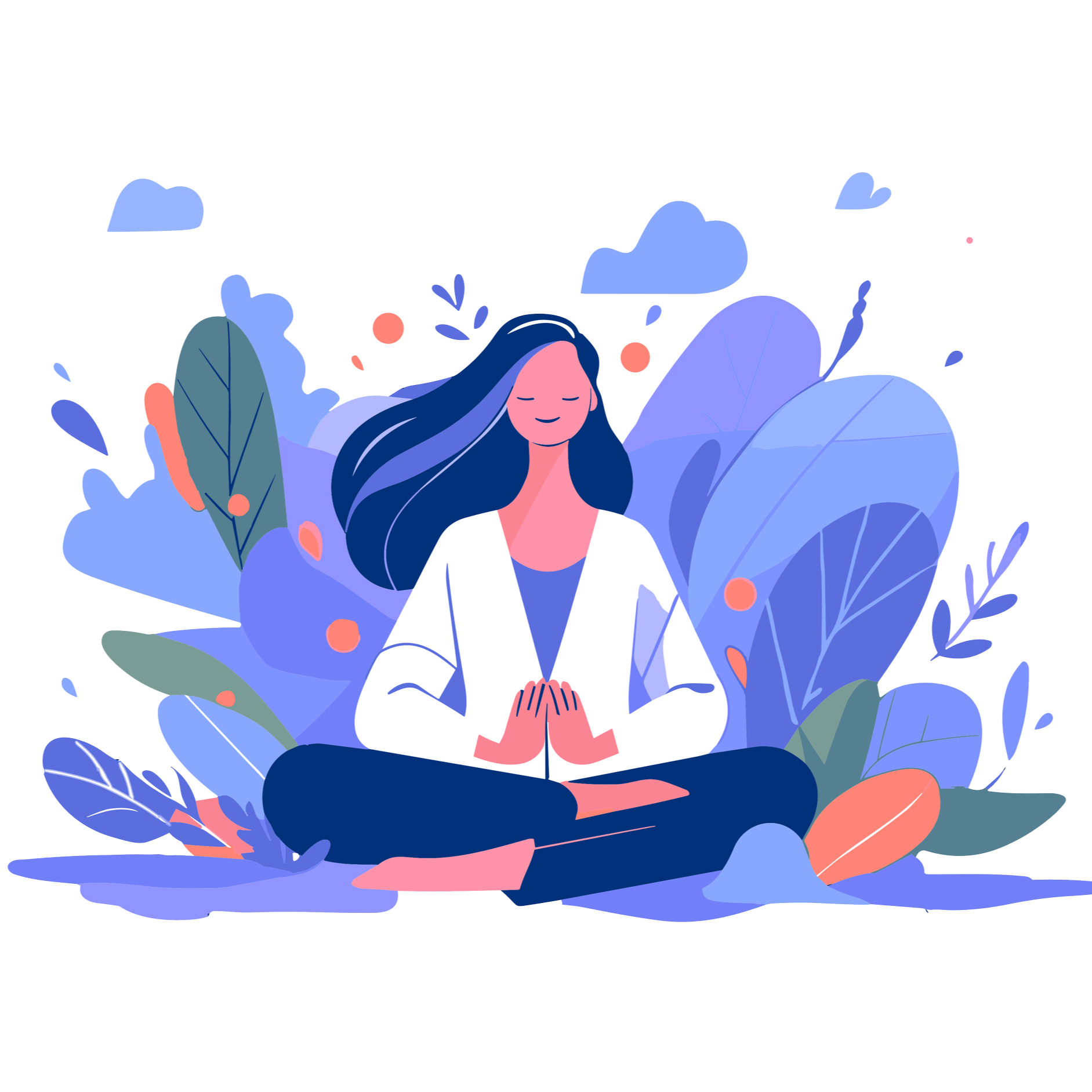 A woman in white and dark blue meditation clothes sits cross-legged surrounded by large blue and green foliage, with her hands in a prayer position and her eyes closed.