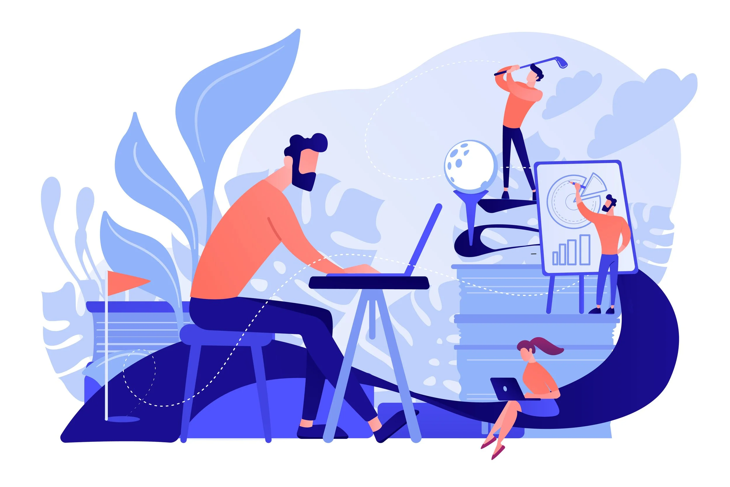 Illustration of people engaging in various activities related to data analysis and planning, featuring charts, a laptop, a laptop, a tablet, and a globe, with large plant leaves in the background.