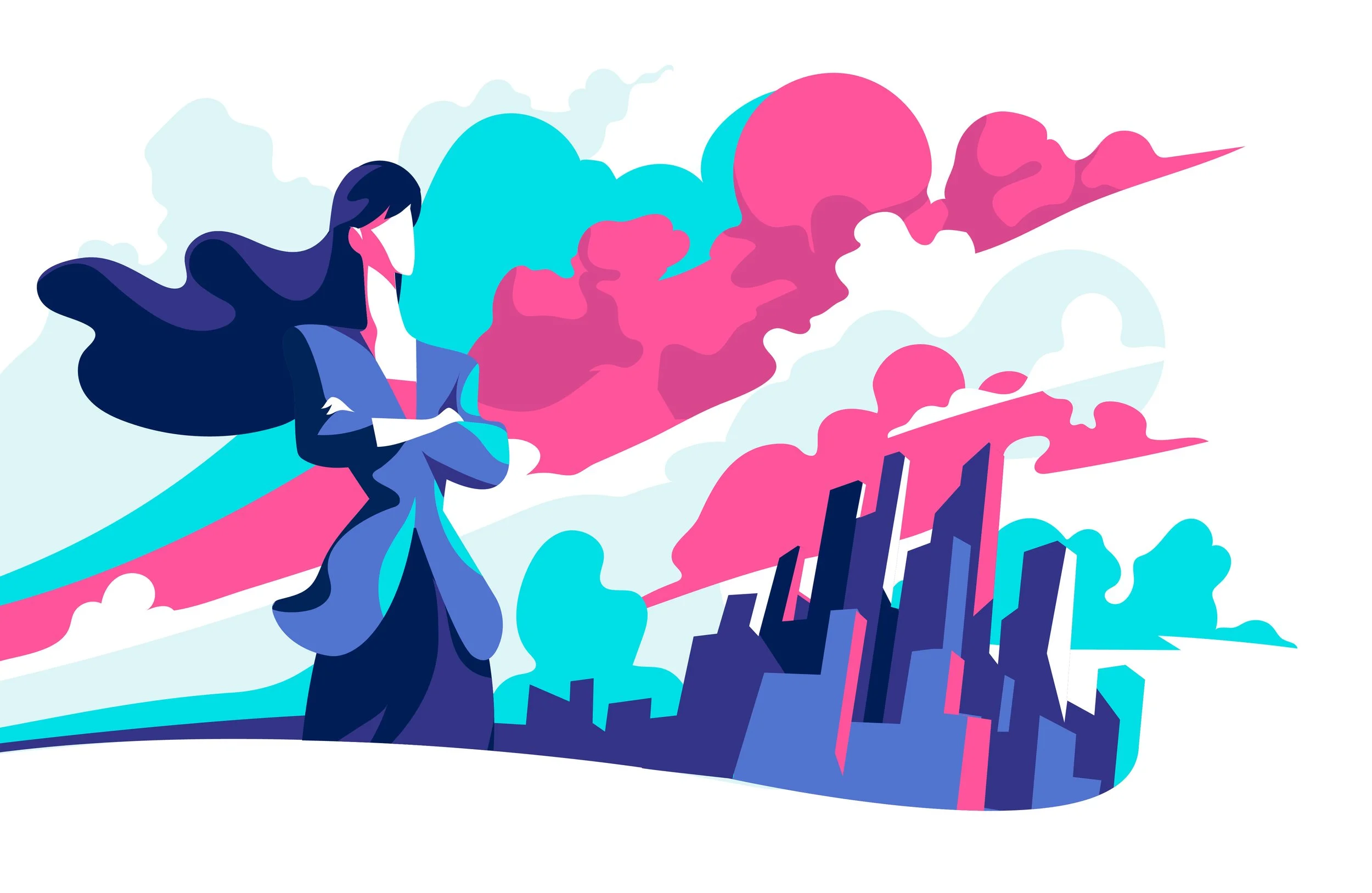Stylized illustration of a woman in a business suit standing with arms crossed in front of a city skyline, with colorful clouds and a vibrant sky in shades of pink, blue, and purple.