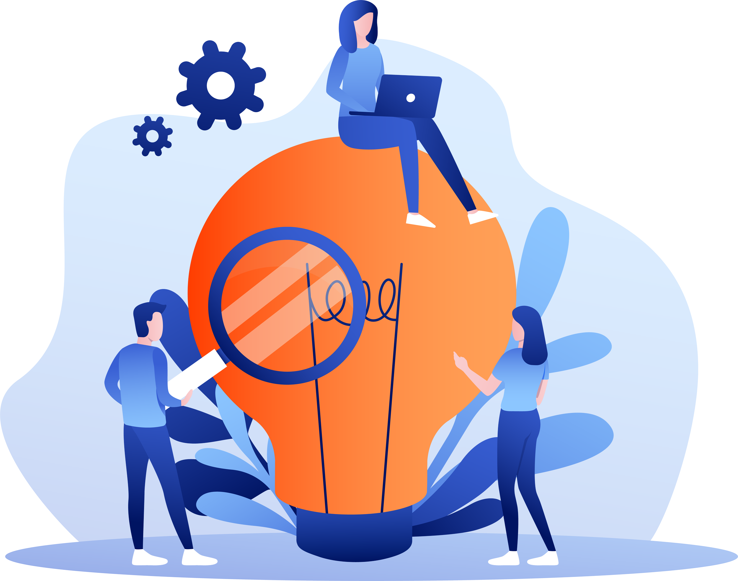 Illustration of three people interacting around a large lightbulb, with one person sitting on top with a laptop and gears, another examining the lightbulb with a magnifying glass, and the third looking at their phone, symbolizing ideas and innovation.