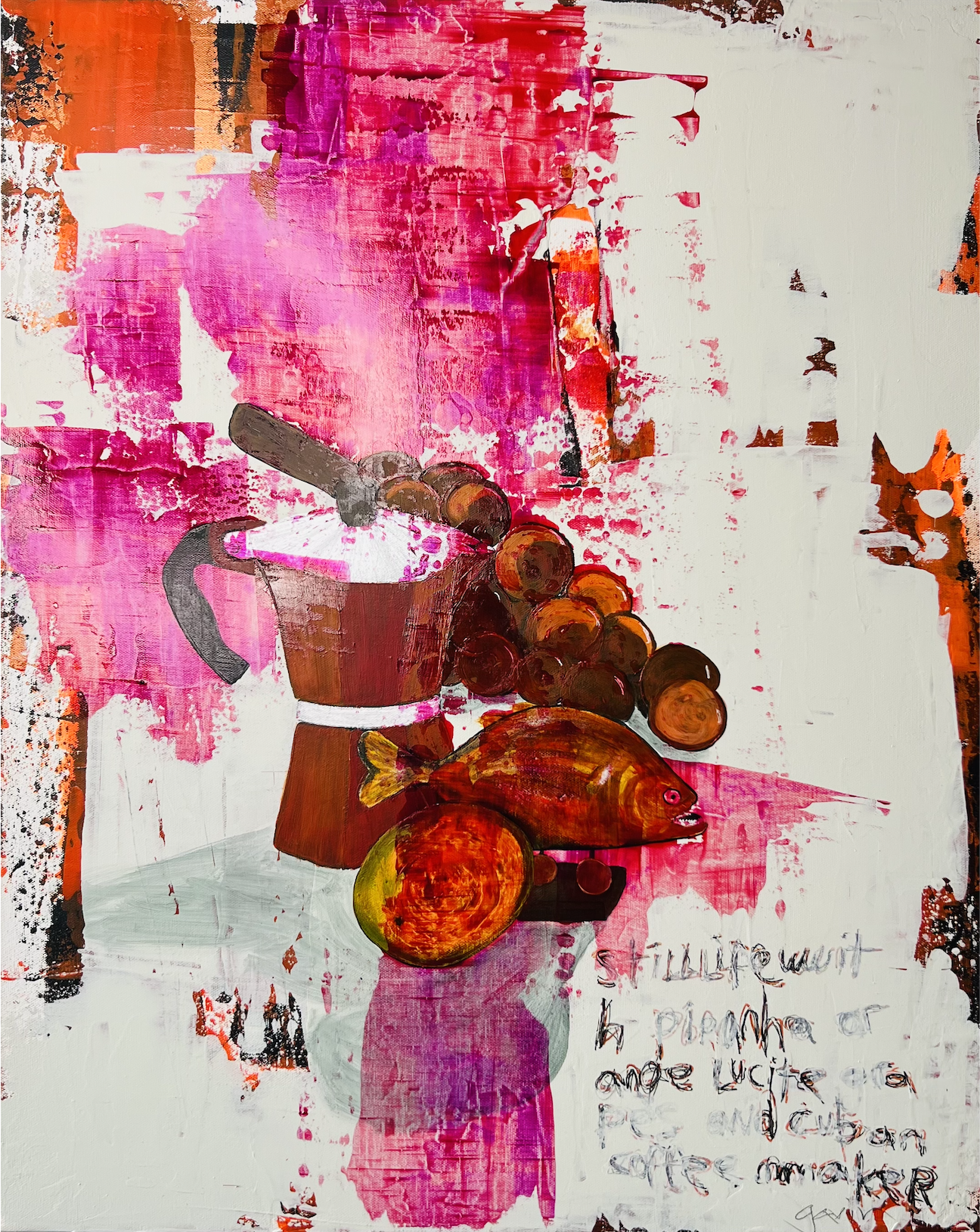Still Life With Piranha Orange Lucite Grapes and Cuban Coffee Maker.....24"W X 30"H.....$2500