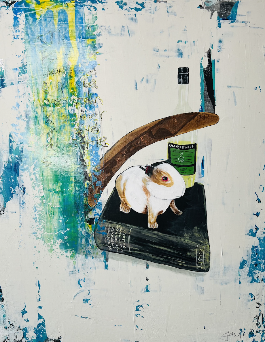 Still Life With Chartreuse Guinea Piggybank Boomerang and Dads Thesis.....24"W X 30"H.....$2500***SOLD***