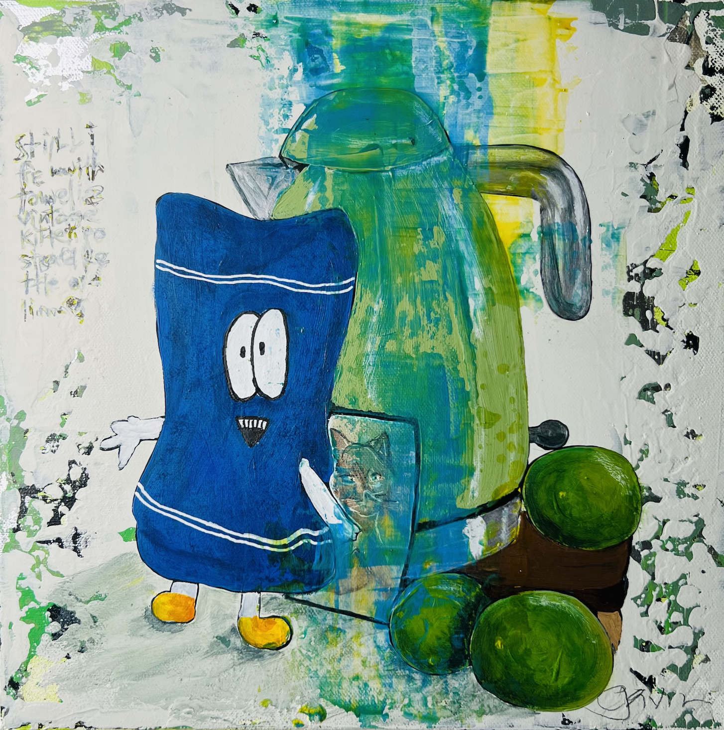 Still Life With Towelie Vintage Kitten Postcard Kettle and Limes.....12"W X 12"H.....$900