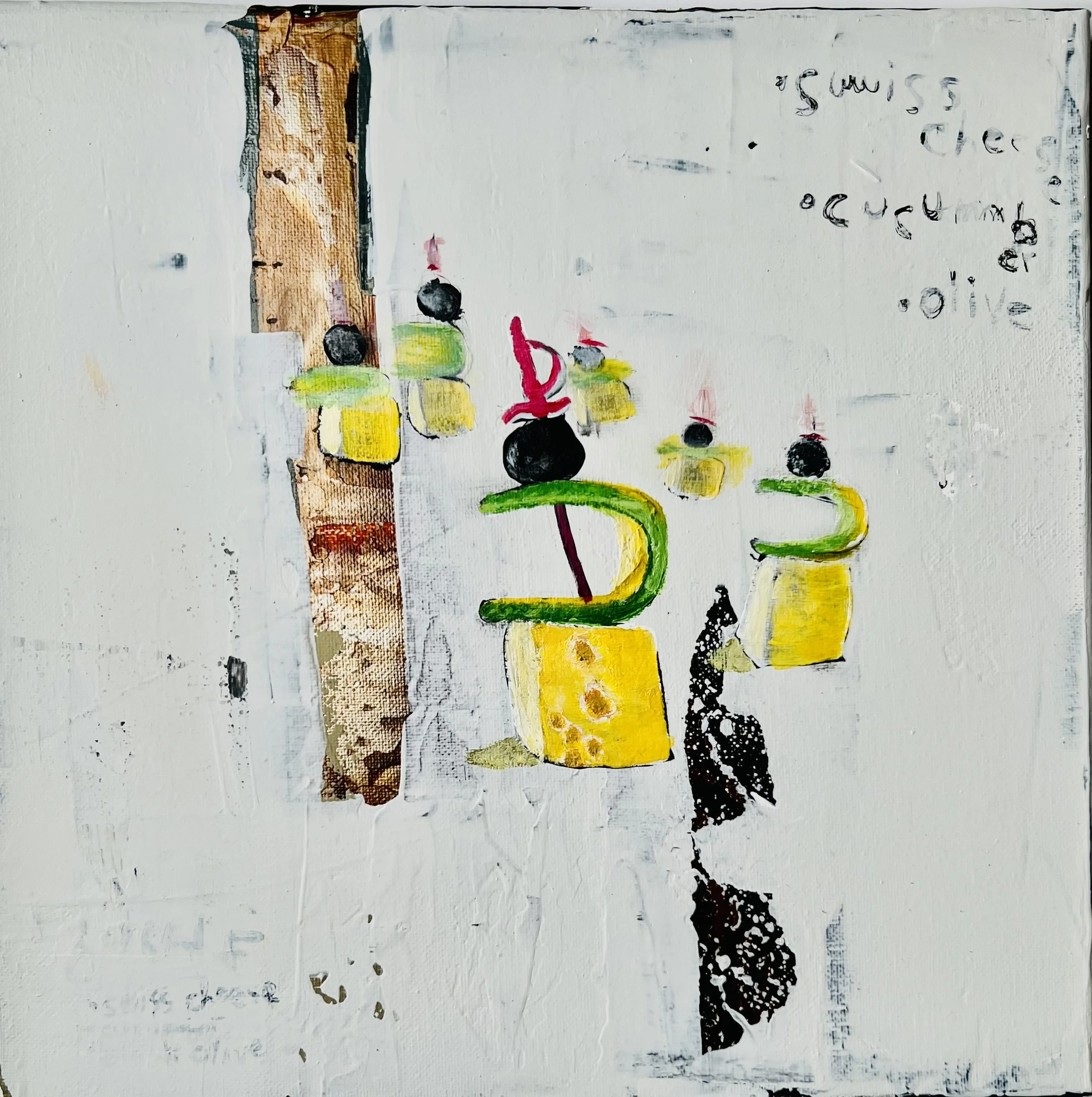 Amuse-Bouche...Swiss Cheese with Cucumber and Olives 12"W X 12"H - $500