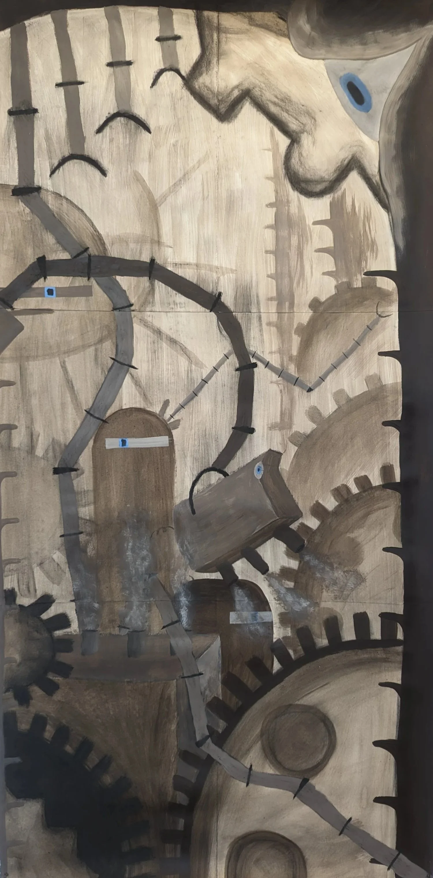 Medium: Acrylic paint & charcoal on 7.5-foot tall paper. Steampunk landscape with sfumato elements.