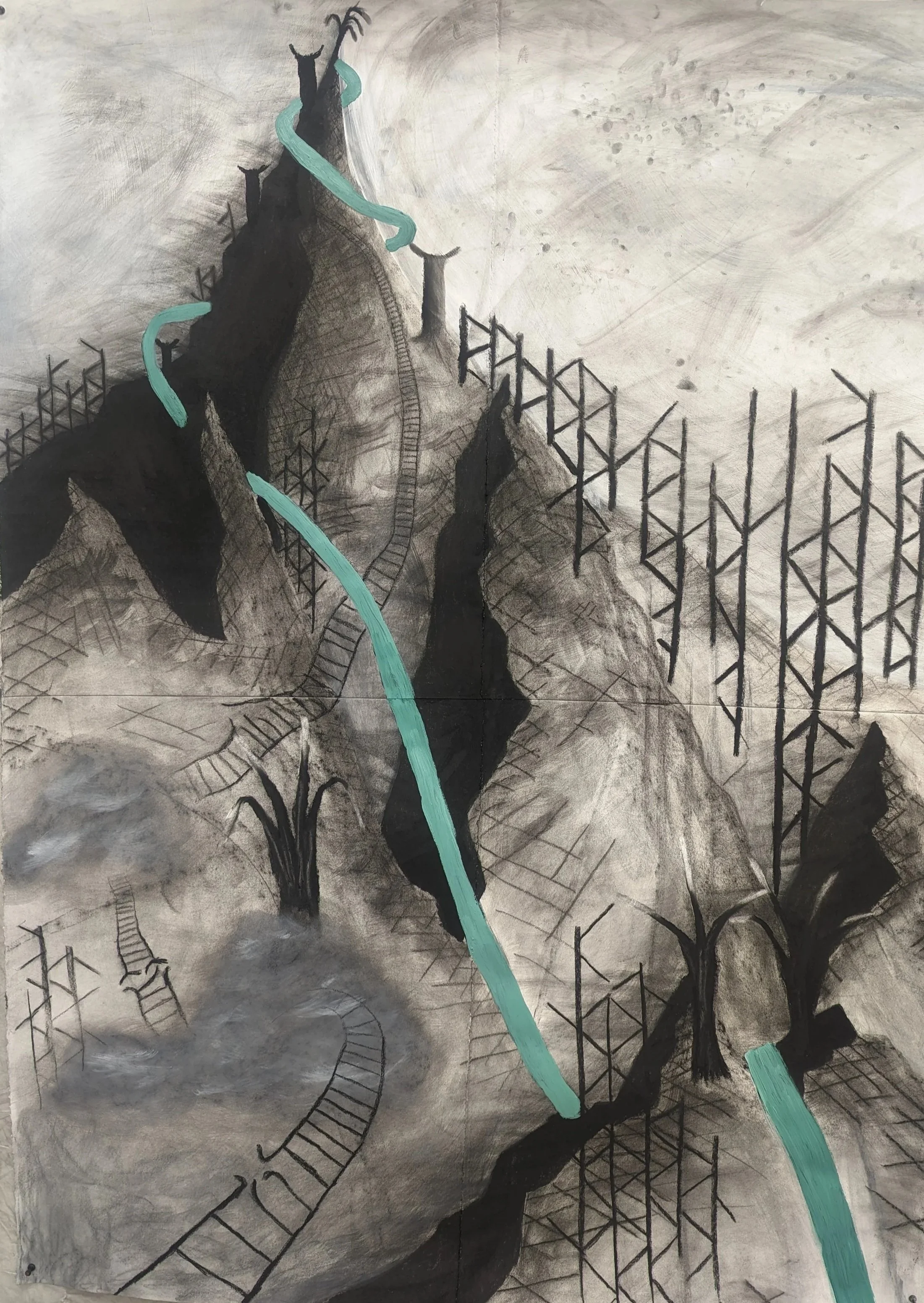 Medium: Acrylic paint & charcoal on 5-foot tall paper. Combination of industrial and fantastical elements.