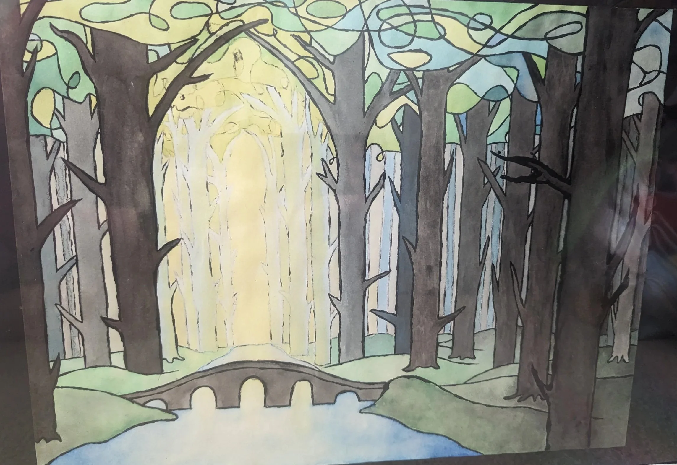 Medium: Watercolor on paper. Ethereal forest landscape with a centralized light source.
